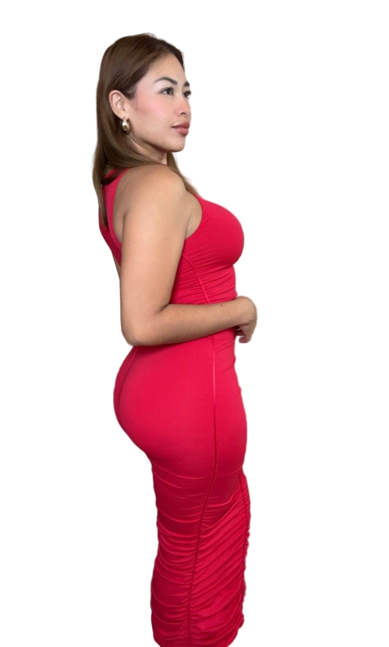 sleeveless red dress