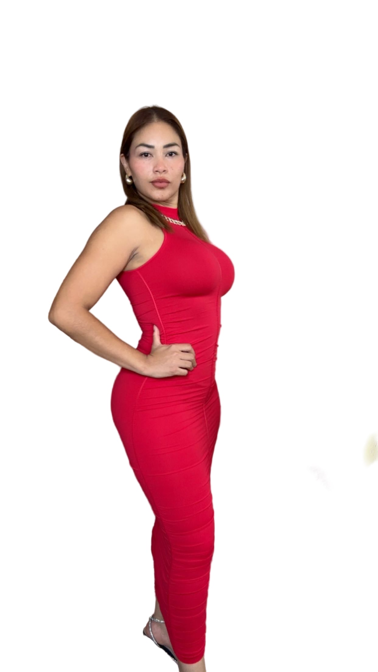 sleeveless red dress