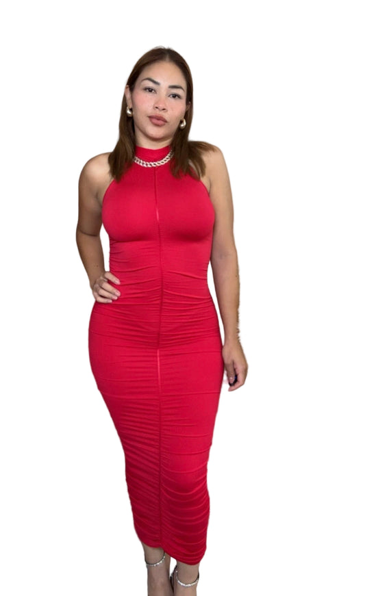 sleeveless red dress